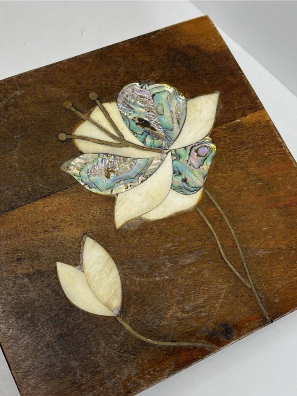 Anthropologie Wood Bath Caddy- Marble Stone Inlay- Made In India- 27” Floral - Picture 5 of 11